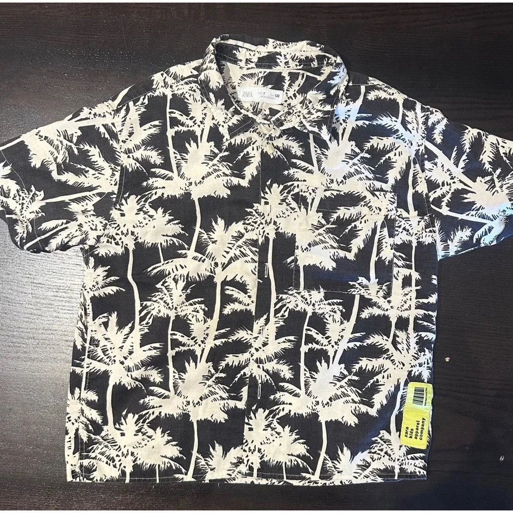 Zara Kids Boys Palm Tree Tropical Print Button Down Shirt Black White Size 7